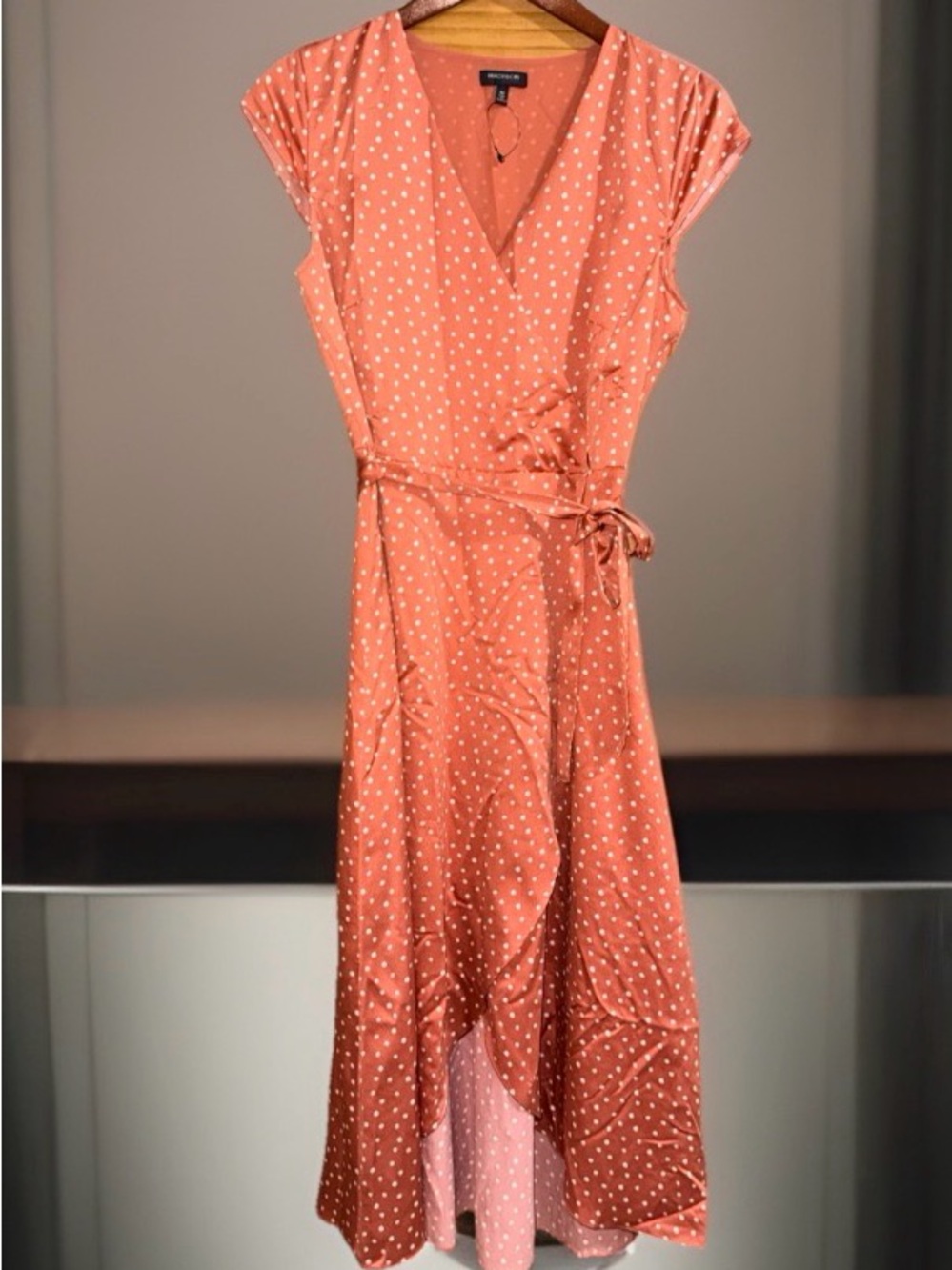 NwoT Madison Rusty Coral Polka Dot High-Low Faux Wrap Dress-M